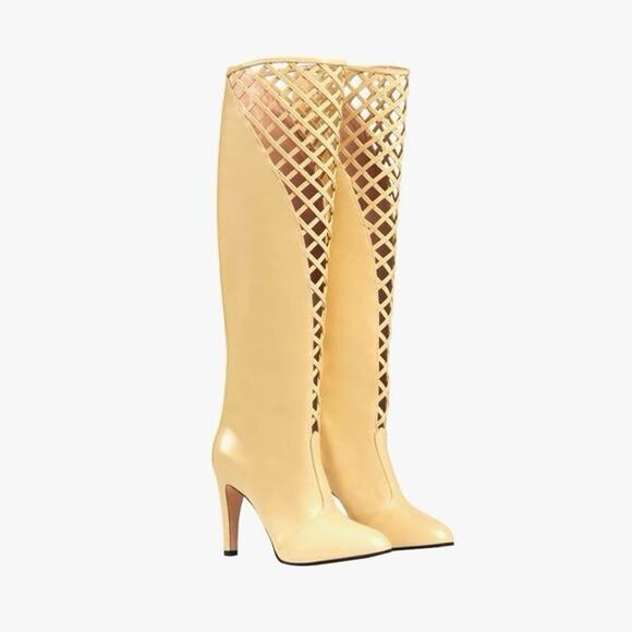 NIB Gucci Lattice Knee-High Boots EU 38.5 US 8.5 Butter Ivory Cutout Leather - Picture 2 of 15
